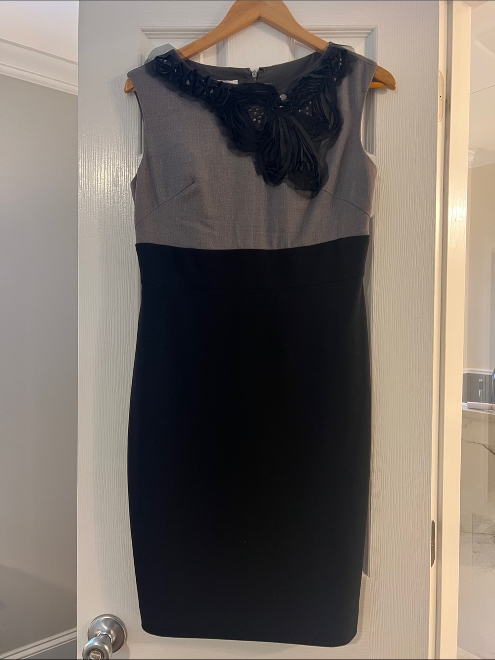 Sleeveless Two-Tone Gray and Black Sheath Dress with Embellished Neckline